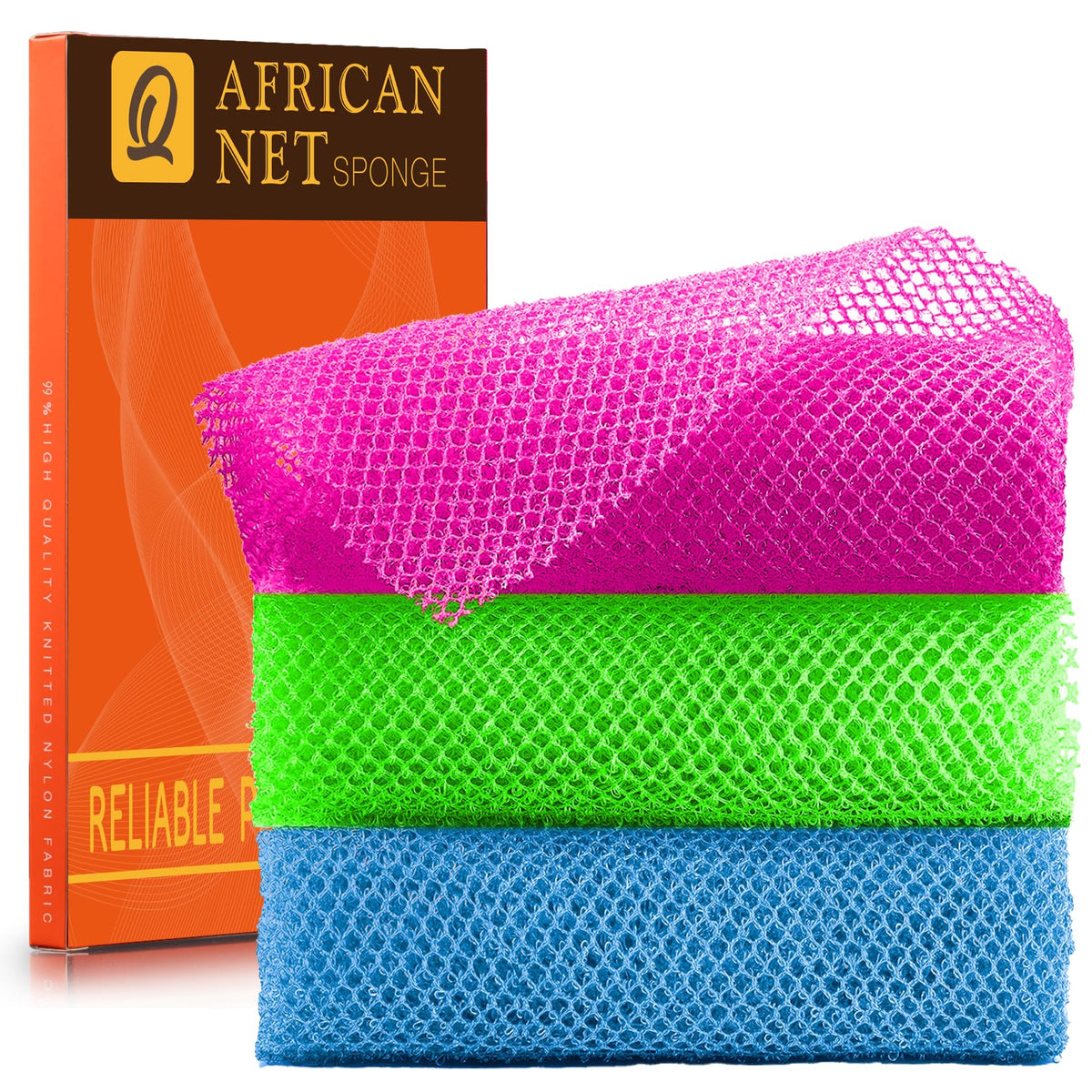 UJFQBH 3 Pack African Net Sponge, African Exfoliating Net Bath Sponge Long Net Bath Sponge Exfoliating Shower Body Scrubber Back Scrubber Skin Smoother,Great for Daily Use (Pink,Yellow,Purple)