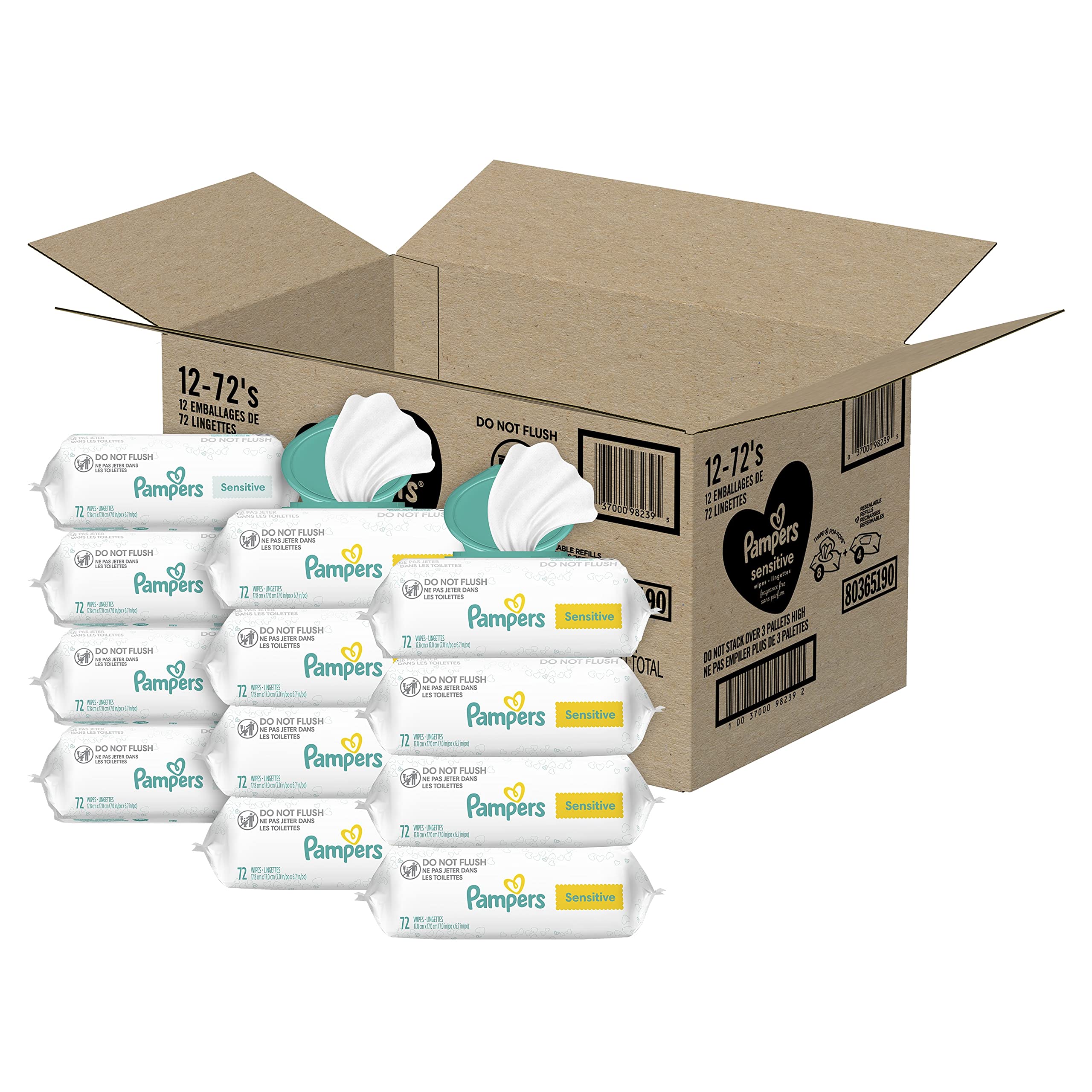 Pampers Sensitive Baby Wipes, Clinically Proven, Fragrance Free, Unscented, Water Based, Hypoallergenic, Multi-Use, Hand Wipes 504 Wipes Total (6X Flip-Top Packs) [Packaging May Vary]