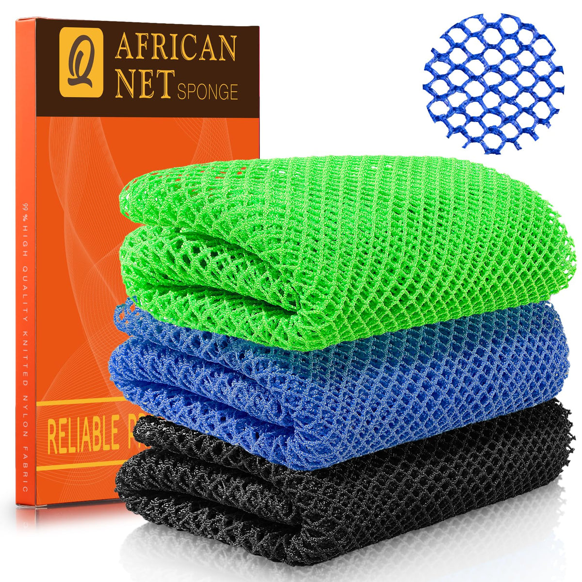 UJFQBH 3 Pack African Net Sponge, African Exfoliating Net Bath Sponge Long Net Bath Sponge Exfoliating Shower Body Scrubber Back Scrubber Skin Smoother,Great for Daily Use (Pink,Yellow,Purple)
