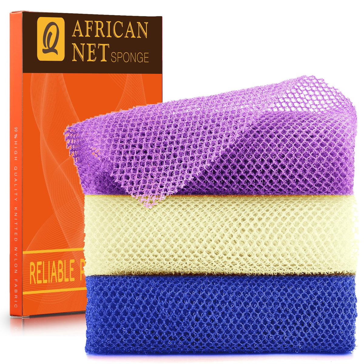 UJFQBH 3 Pack African Net Sponge, African Exfoliating Net Bath Sponge Long Net Bath Sponge Exfoliating Shower Body Scrubber Back Scrubber Skin Smoother,Great for Daily Use (Pink,Yellow,Purple)