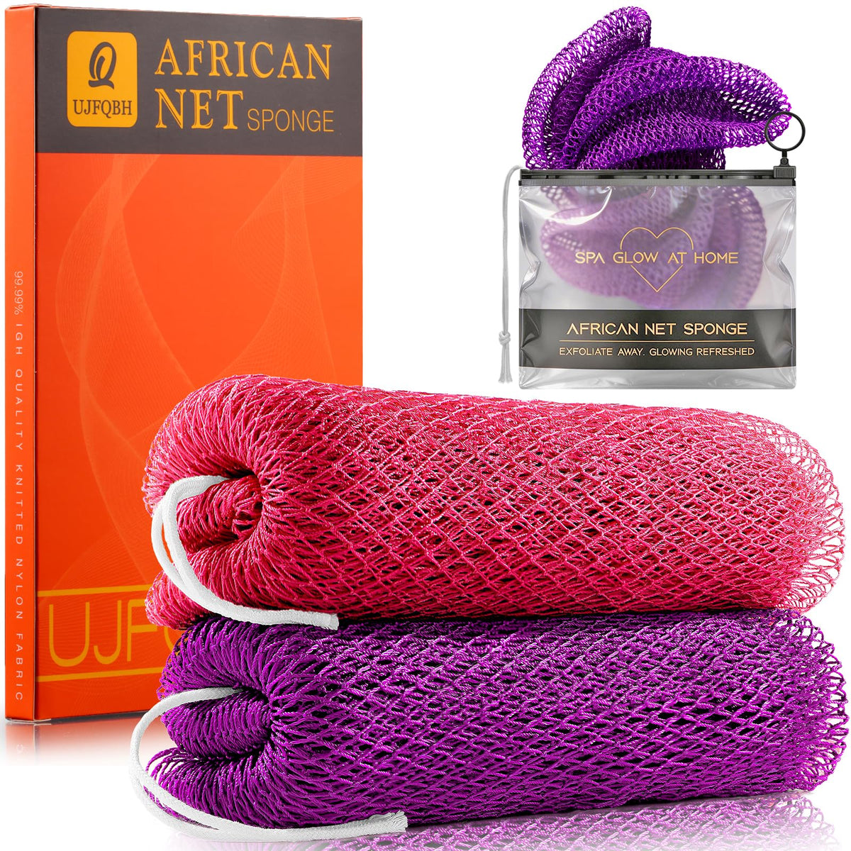 UJFQBH 3 Pack African Net Sponge, African Exfoliating Net Bath Sponge Long Net Bath Sponge Exfoliating Shower Body Scrubber Back Scrubber Skin Smoother,Great for Daily Use (Pink,Yellow,Purple)
