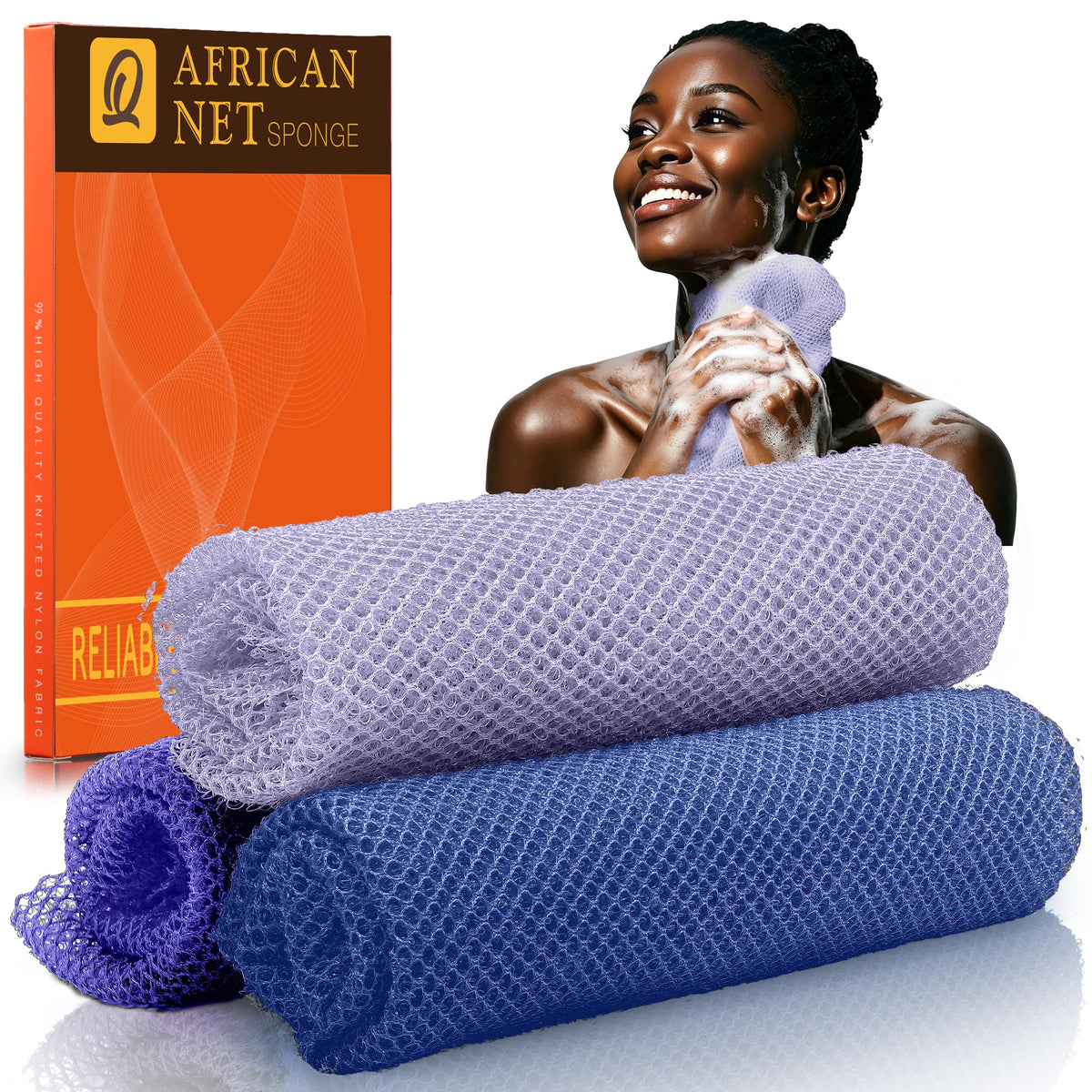 UJFQBH 3 Pack African Net Sponge, African Exfoliating Net Bath Sponge Long Net Bath Sponge Exfoliating Shower Body Scrubber Back Scrubber Skin Smoother,Great for Daily Use (Pink,Yellow,Purple)