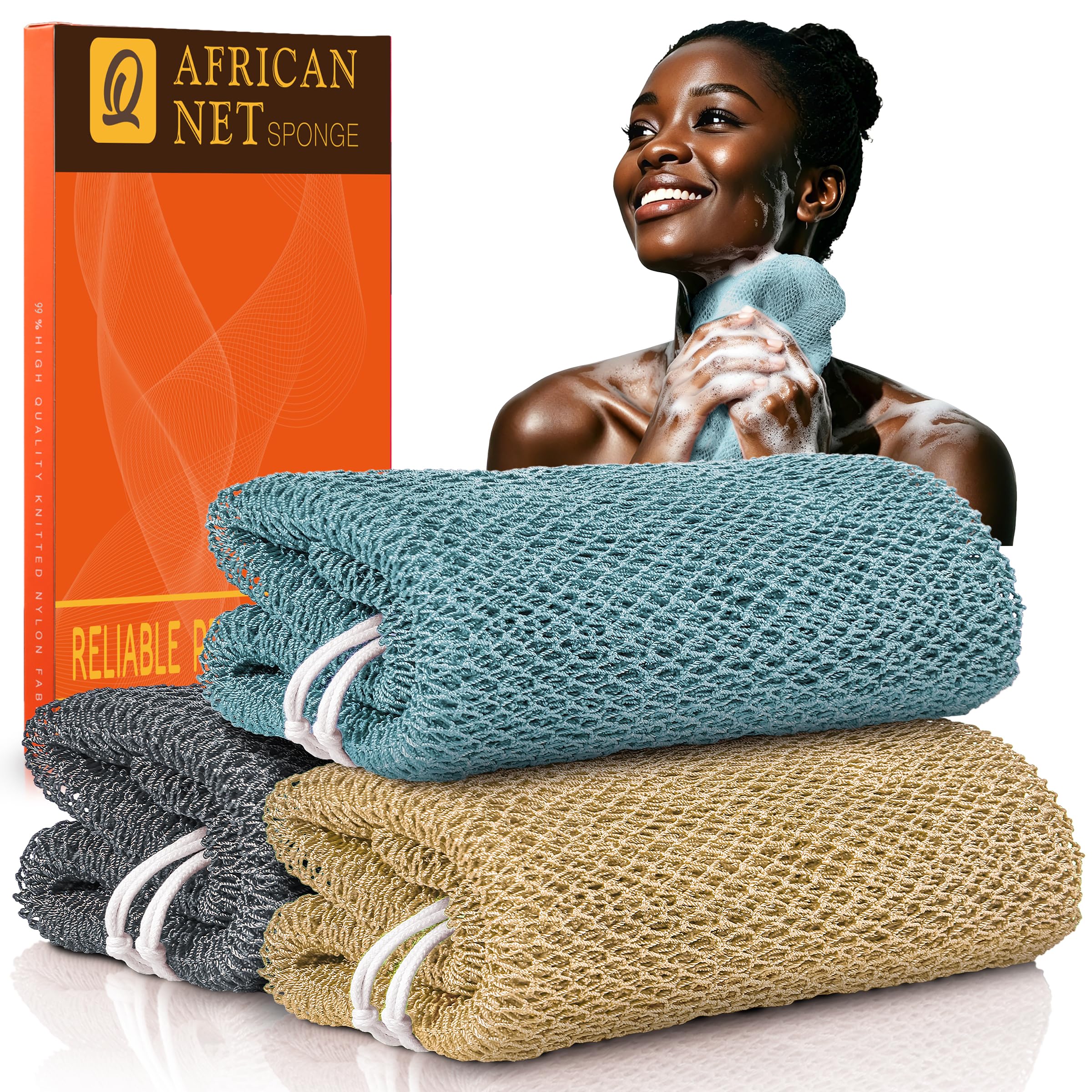 UJFQBH 3 Pack African Net Sponge, African Exfoliating Net Bath Sponge Long Net Bath Sponge Exfoliating Shower Body Scrubber Back Scrubber Skin Smoother,Great for Daily Use (Pink,Yellow,Purple)