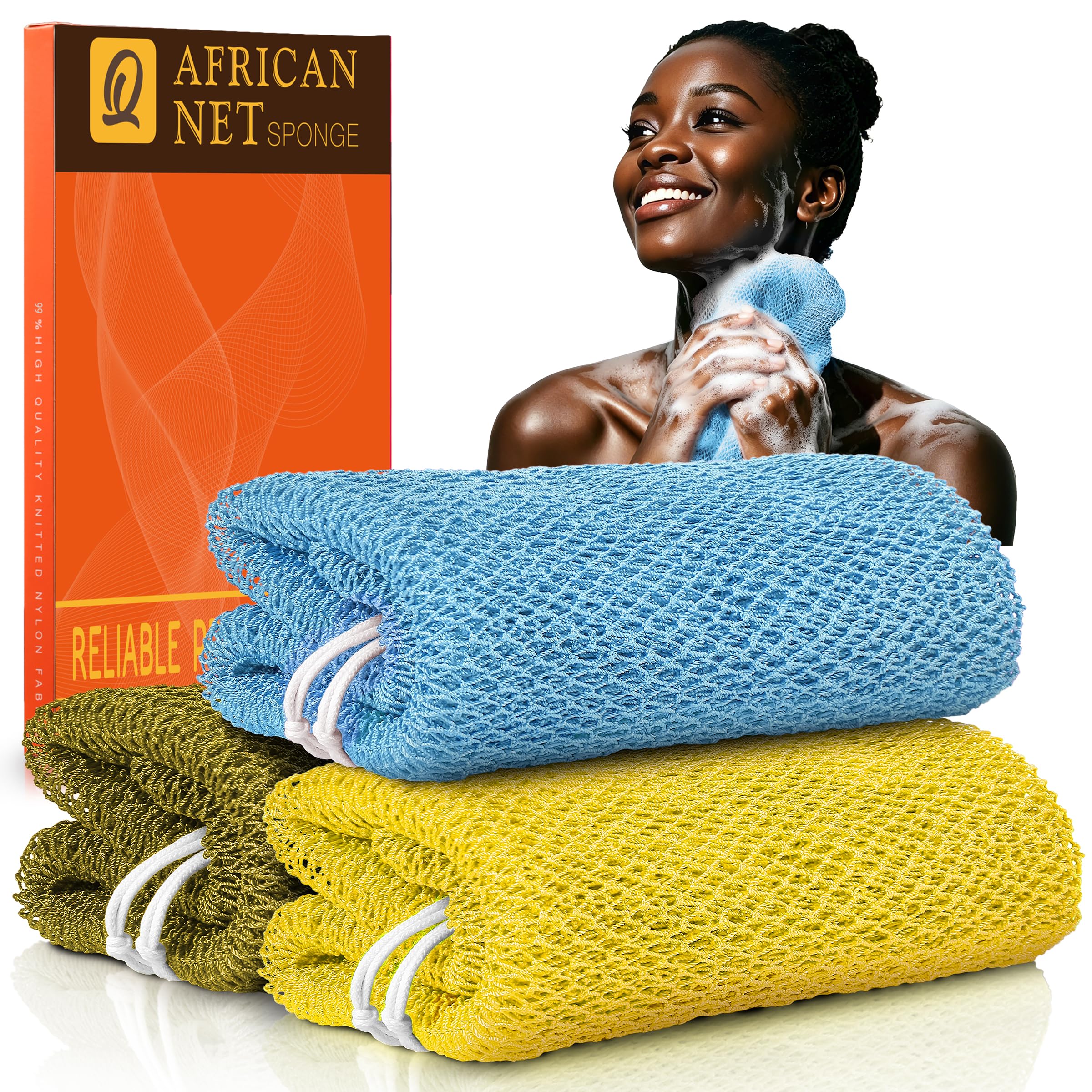 UJFQBH 3 Pack African Net Sponge, African Exfoliating Net Bath Sponge Long Net Bath Sponge Exfoliating Shower Body Scrubber Back Scrubber Skin Smoother,Great for Daily Use (Pink,Yellow,Purple)