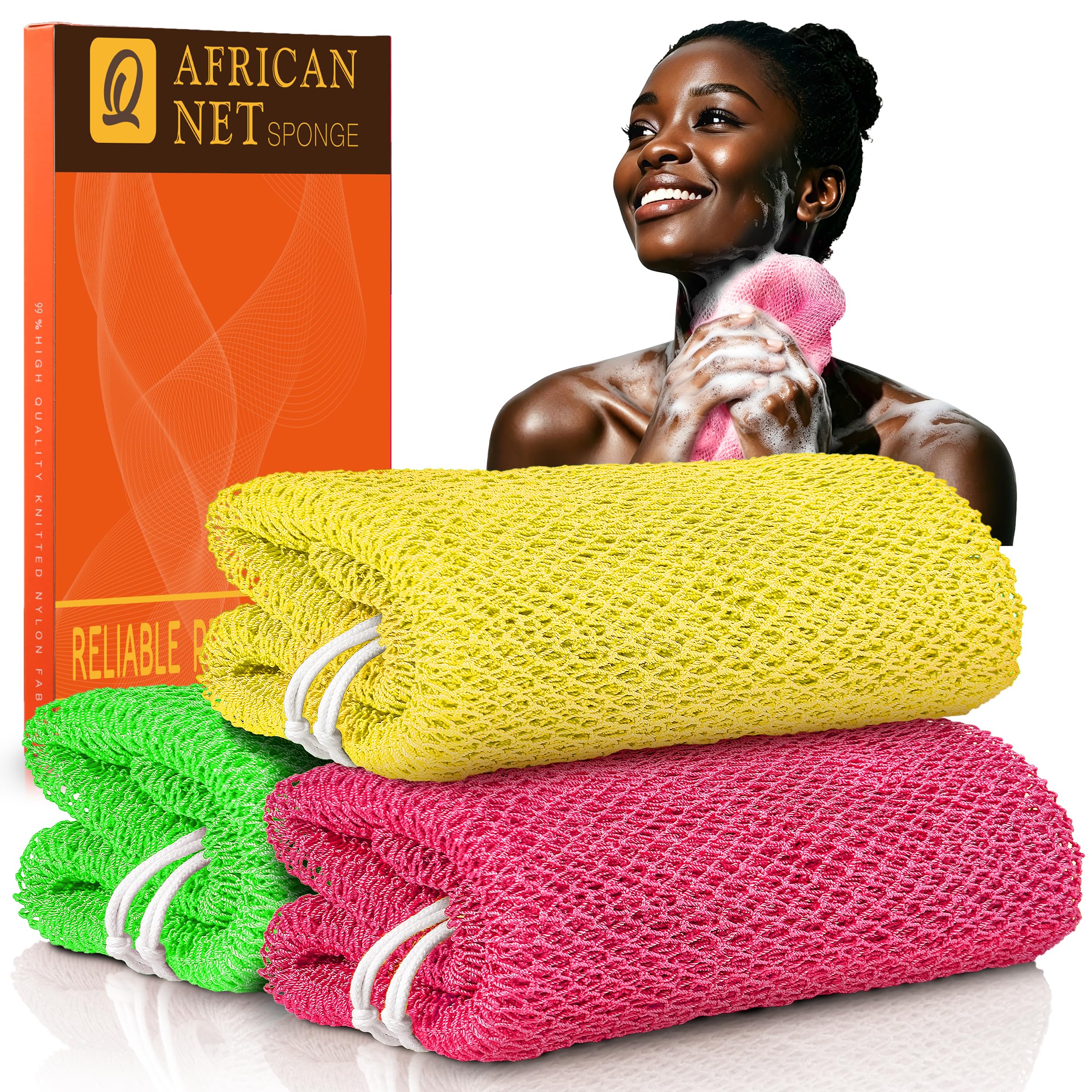UJFQBH 3 Pack African Net Sponge, African Exfoliating Net Bath Sponge Long Net Bath Sponge Exfoliating Shower Body Scrubber Back Scrubber Skin Smoother,Great for Daily Use (Pink,Yellow,Purple)