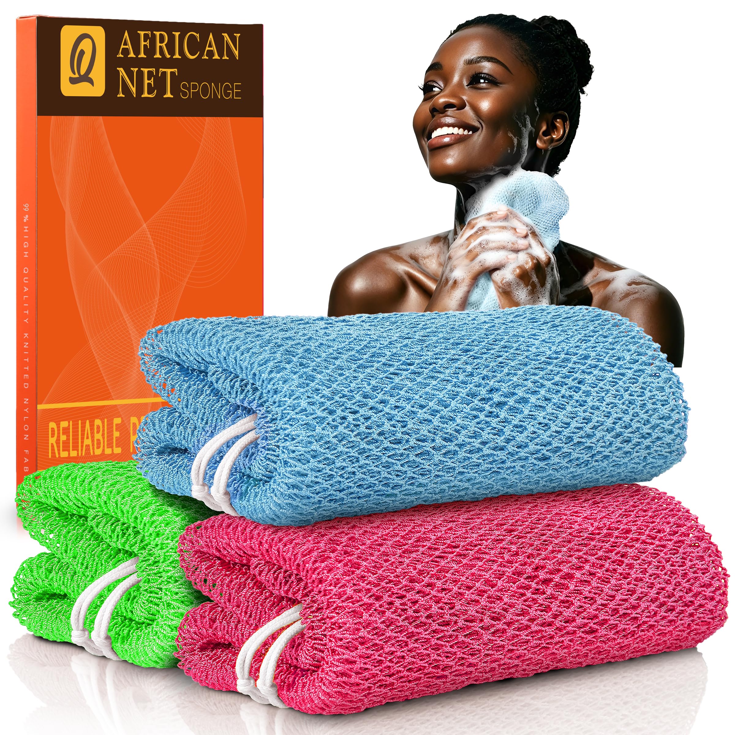 UJFQBH 3 Pack African Net Sponge, African Exfoliating Net Bath Sponge Long Net Bath Sponge Exfoliating Shower Body Scrubber Back Scrubber Skin Smoother,Great for Daily Use (Pink,Yellow,Purple)