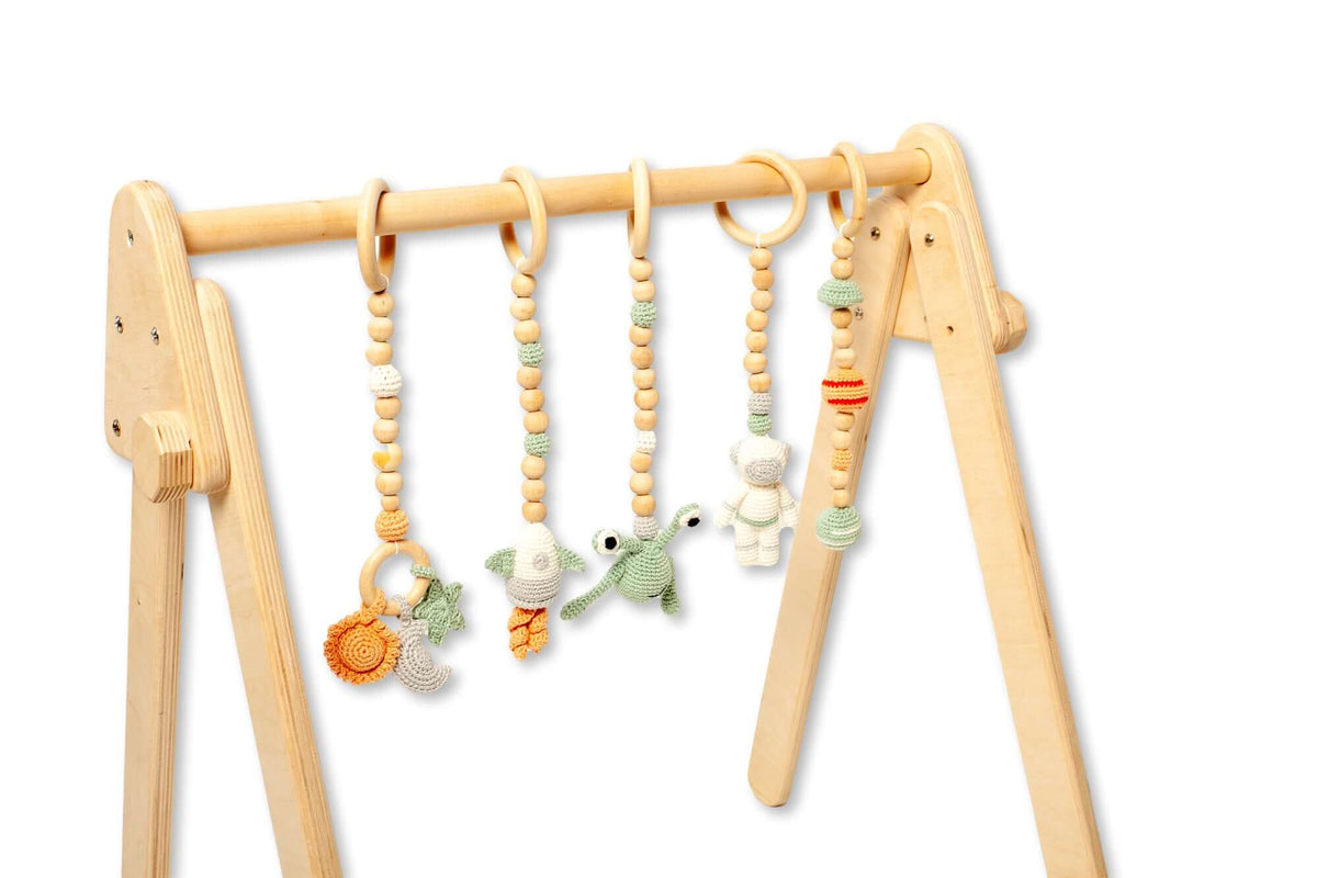Wooden Baby Play Gym with 5 Crochet Hanging Toys – Foldable