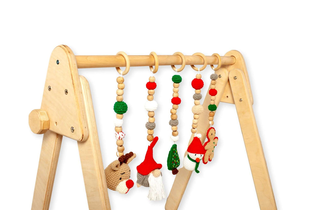 Wooden Baby Play Gym with 5 Crochet Hanging Toys – Foldable