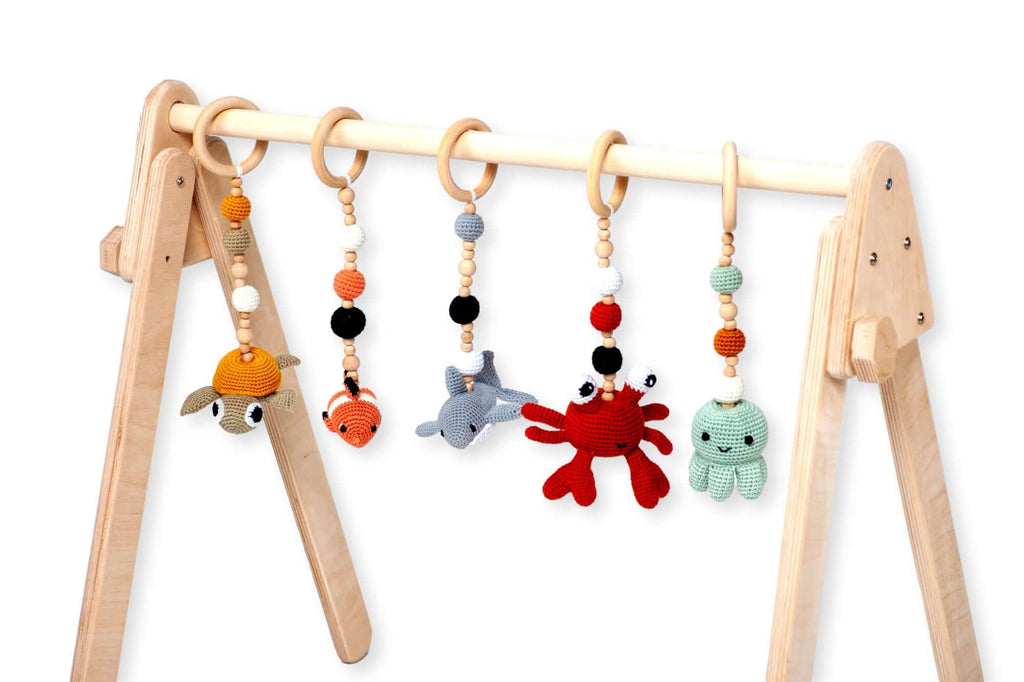 Wooden Baby Play Gym with 5 Crochet Hanging Toys – Foldable
