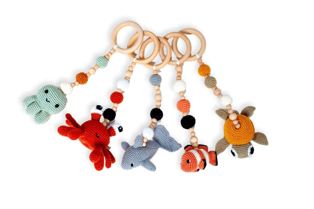Wooden Baby Play Gym with 5 Crochet Hanging Toys – Foldable