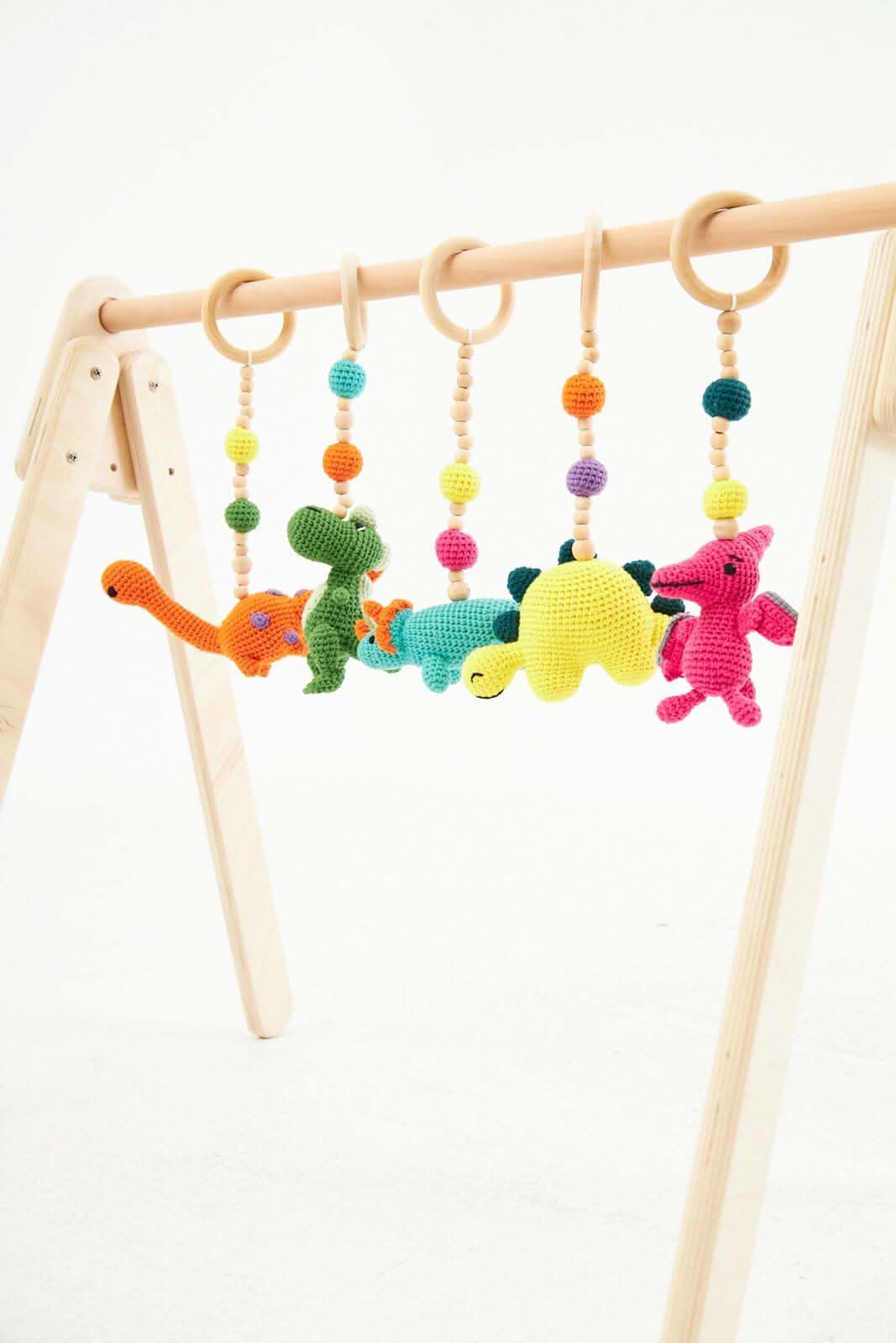 Wooden Baby Play Gym with 5 Crochet Hanging Toys – Foldable