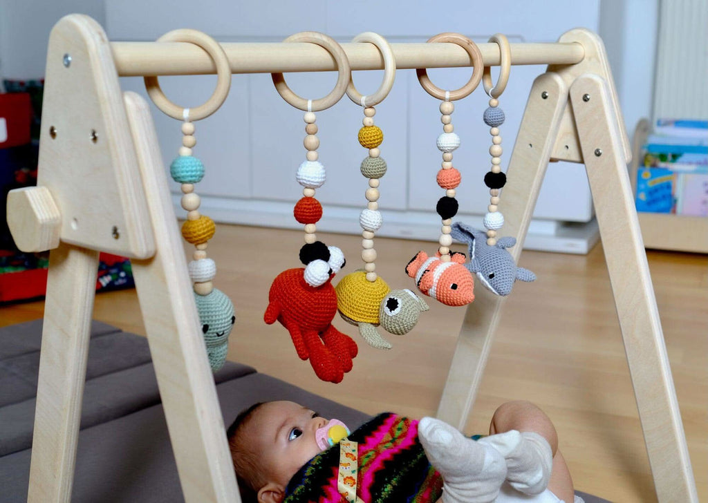 Wooden Baby Play Gym with 5 Crochet Hanging Toys – Foldable