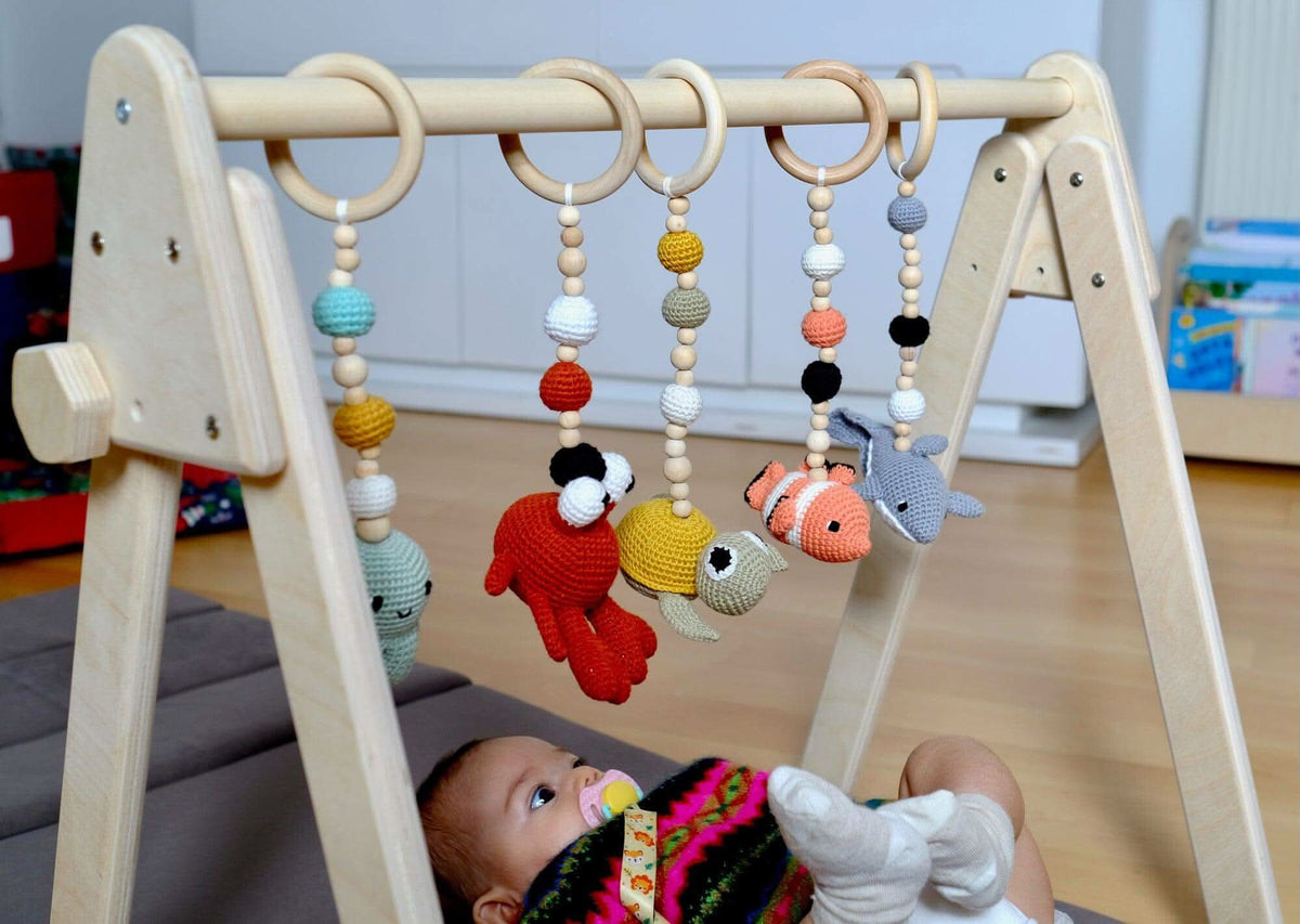 Wooden Baby Play Gym with 5 Crochet Hanging Toys – Foldable
